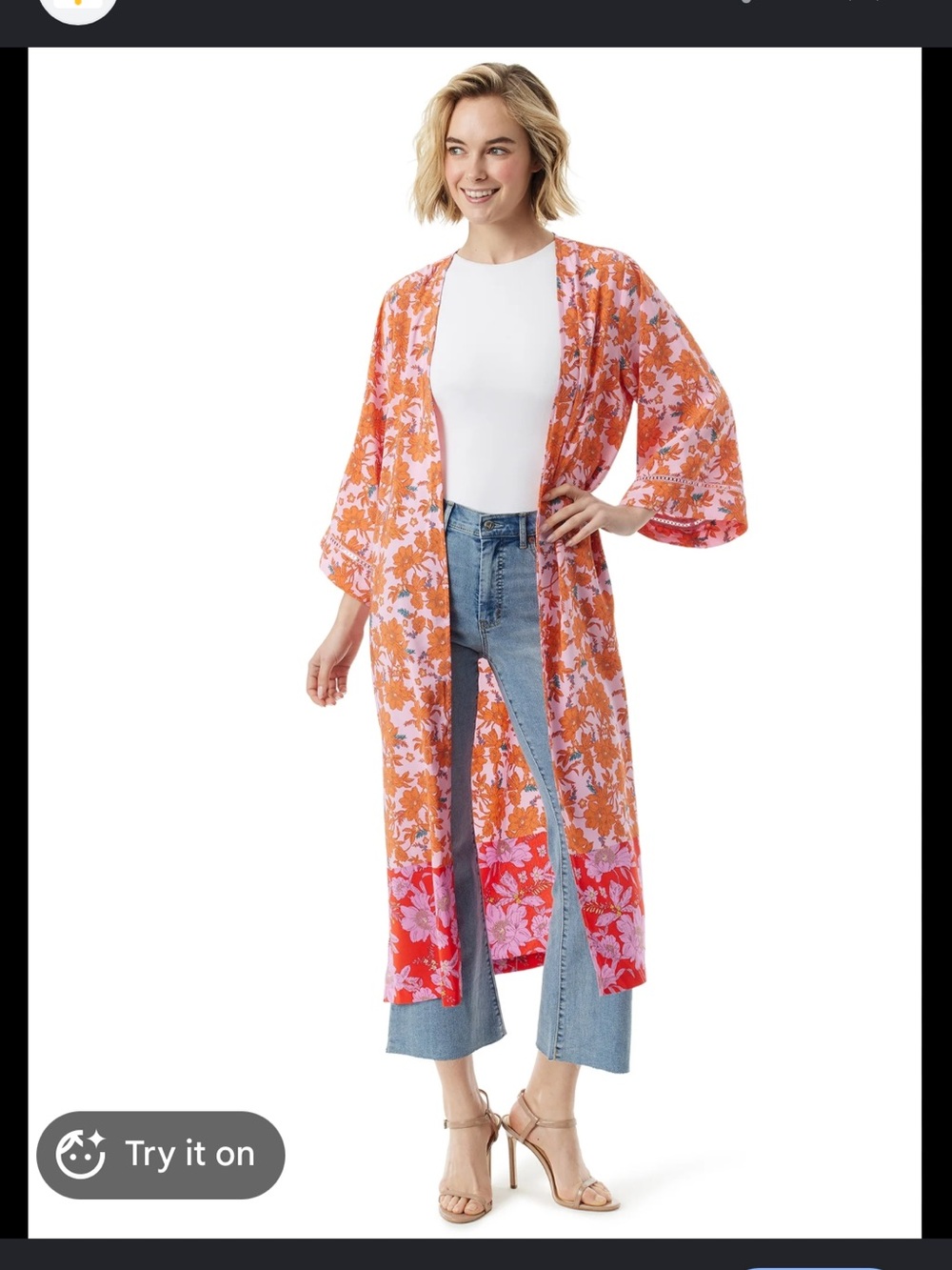cardigan duster, wide 3/4 sleeves, lace trim, side slits, women’s small